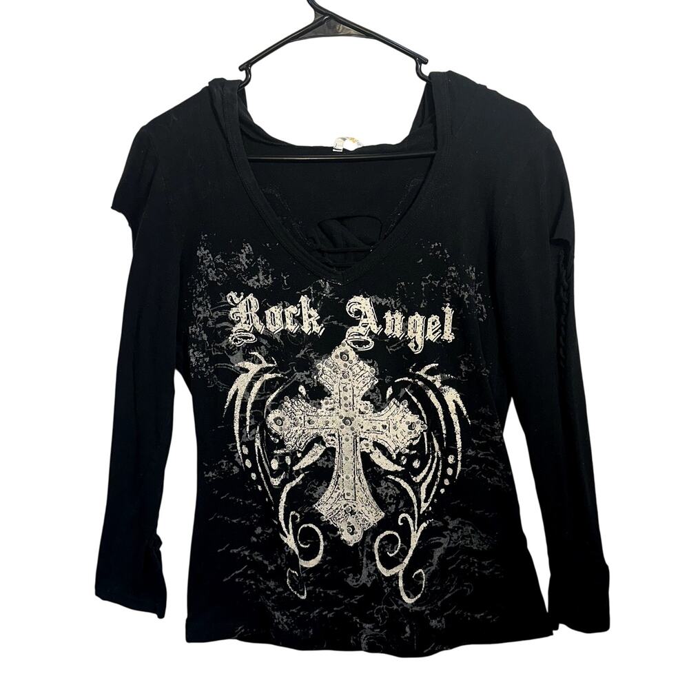 Bling Cross Lace Cut Out Top XL Rock Angel Spellout Western Cowgirl Jeweled Moto